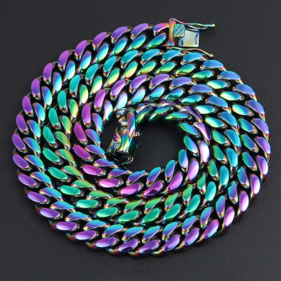 Rainbow  Cuban Chain Necklace Stainless Steel  new - Picture 1 of 3